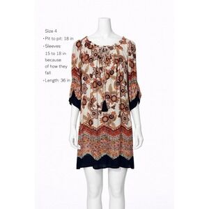 En Focus Studio Dress Women 4 Cream Orange Deep Navy Floral Boho Tassel Shift